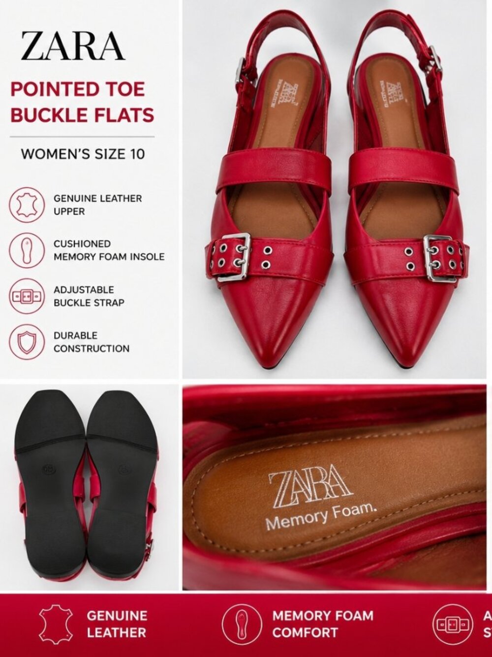Zara Red Pointed Toe Buckle Flats Women's Size 10